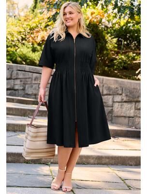 Plus Size Women's Smocked Waistband Zip-Front Dress by Avenue in Black (Size 34/36)