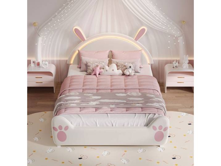 Lit Enfant 140x200 cm avec Led Lit Pour Enfant avec Sommier à Lattes Lit Princesse Lit 2 Personne Blanc Velours