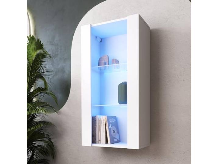 Komodee Vitrine Hängend Tivoli Vertical A1 Weiß/Weiß 50x100x29 cm Hängende Vitrine Tivoli Vertical, Weiß/Weiß, Breite 50cm x Höhe 100cm 50cm x Tiefe 29cm, LED Blau, 2 Regalböden
