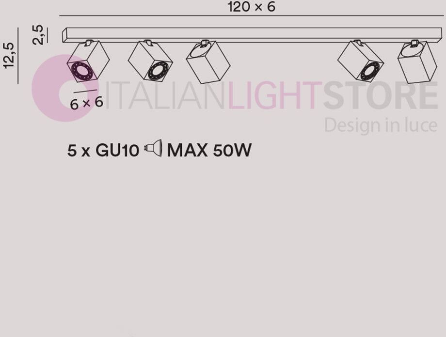 Oddy Bianco Plafoniera Binario 5 Faretti Quadrati Gu10 Design Moderno