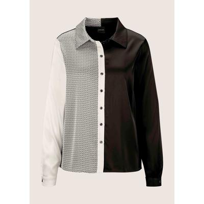 Hemdbluse MADELEINE "Hemdbluse Jerseybluse mit grafischem Muster-Mix", Damen, Gr. 36, weiß (wollweiß, schwarz), Obermaterial: 95% Viskose CV. 5% Elasthan EL., Modern, figurumspielend, Blusen Hemdbluse, Spannender Muster-Mix