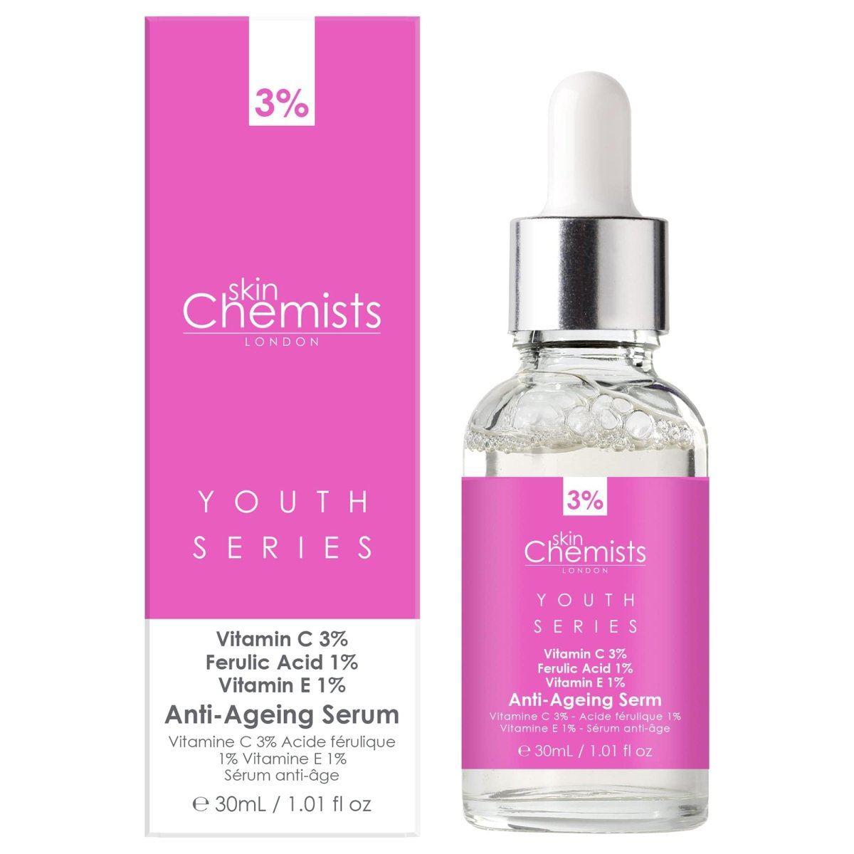 skinChemists Jeugdserie Anti-Verouderingsserum Vitamine C 3%, Ferulinezuur 1%, Vitamine E 1% 30ml