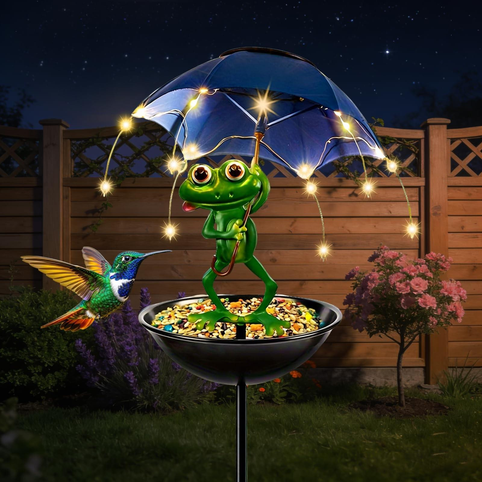 Merkloze buiten decoratie voor de tuin met kikker voederhuis en paraplu