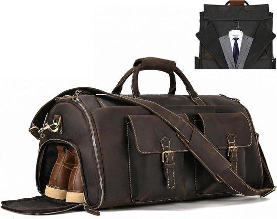 Stilvolle 2-in-1 Bekleidungstasche mit Schuhfach - Echte Leder-Wochenendetasche für Männer, Sporttasche und Reisetasche mit geräumigem Abstellraum in Dunkelbraun 2203