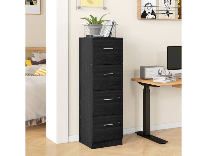 HOMCOM Caisson Bureau 4 Tiroirs Serrure Noir 40x42x130,8cm