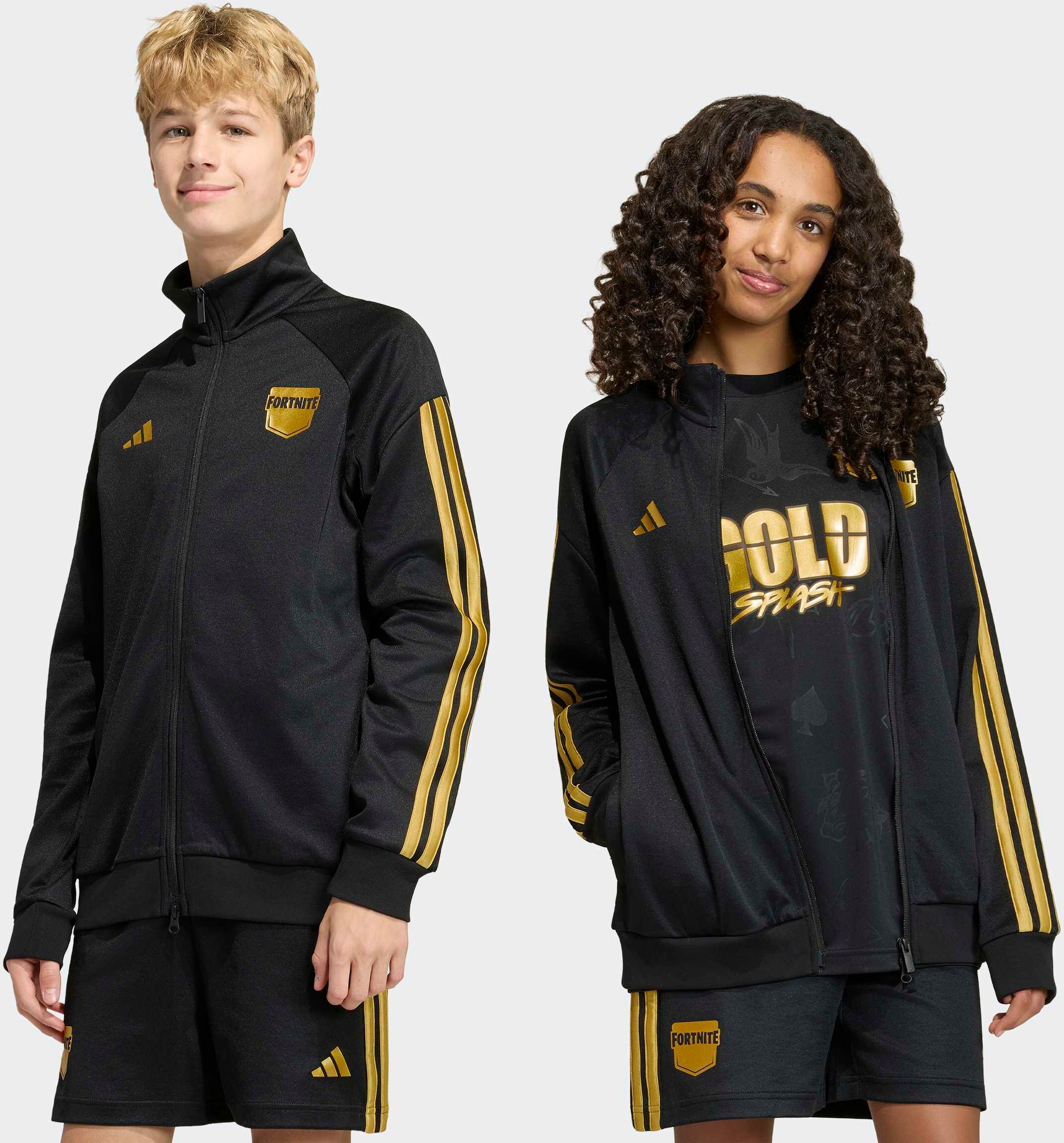 Outdoorjacke ADIDAS SPORTSWEAR "ADIDAS X FORTNITE", Kinder, Gr. 128, schwarz, gold metallic, Obermaterial: 53% Baumwolle, 47% Polyester, Jacken Outdoorjacke schwarz, gold metallic 128