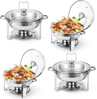 Garvee 4 Pack / 2 Pack 5 QT Round Chafing Dish Buffet Set with Glass Lid, Stainless Steel
