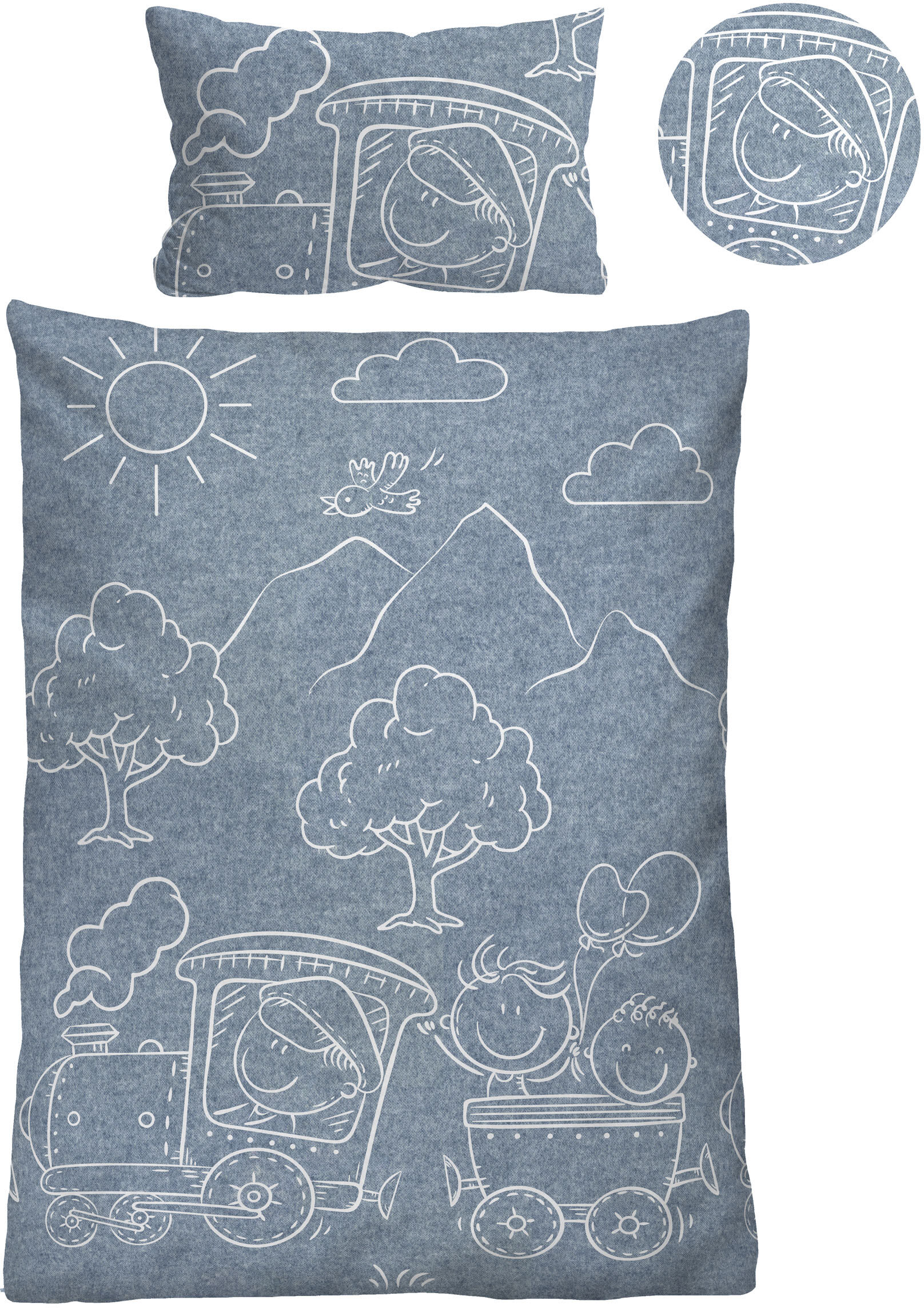 Kinderbettwäsche BIBERNA "0840521 Eisenbahn, Zug", blau, B/L: 100cm x 135cm, 1 Stk., 1 Stk., Flanell, B/L: 40cm x 60cm, 2 Stk., Flanell, Obermaterial: 100% Baumwolle, Bettwäsche, kuschelig warm, samtweich, Melange, 100% Baumwolle, made in Germany