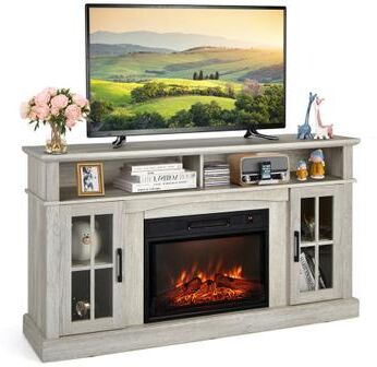 Costway Fireplace TV Stand for TVs Up to 65 Inch with Side Cabinets and Remote Control-Gray