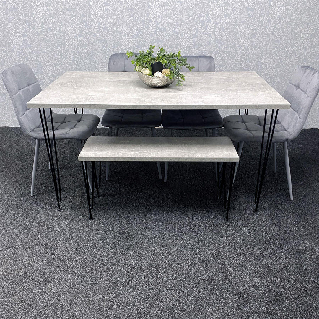 Fairmont Park Dining Table with Hairpin Legs, Bench & 4 Velvet Chairs Set Grey 75cmH x 117cmL x 77cmW