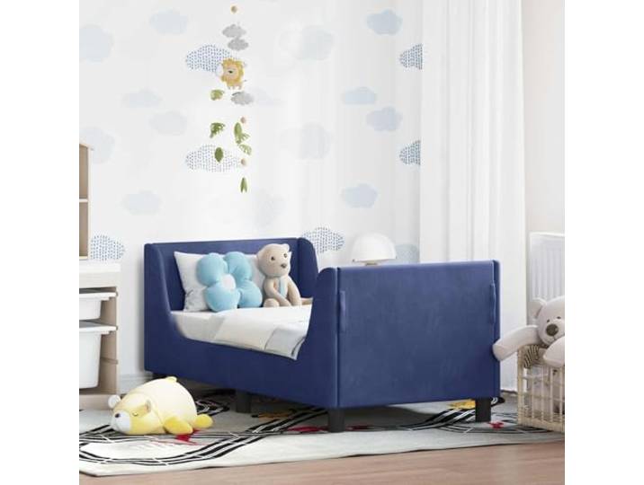 RJPLMFV Bettgestell für Kleinkind, Polizeiblau mit Kopfteil Reichhaltiger Samt, Holzwerkstoff, Lamellen im Lieferumfang enthalten, pflegeleicht, modernes Design