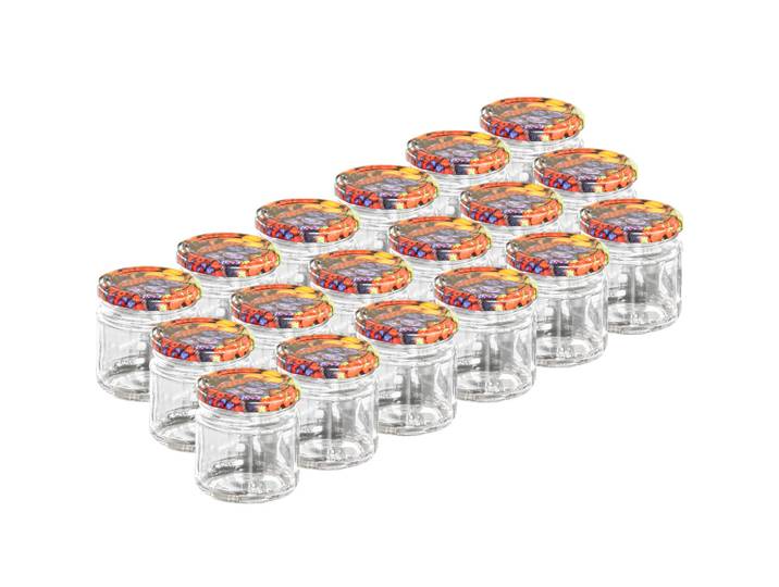 18 Einmachgläser mit Schraubdeckel, Sturzgläser mit Früchte-Muster, je 210 ml