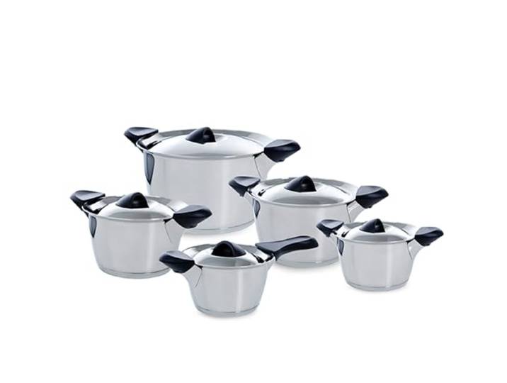 BK Q-Linair Classic Edelstahl Induktionsfähiges 5 teiliges Töpfe und Pfannen Set mit Siebdeckel, Backofen- und Bratrostsicher bis 230C, Stay Cool Griffe, Spülmaschinenfest, PFAS Frei, Silber