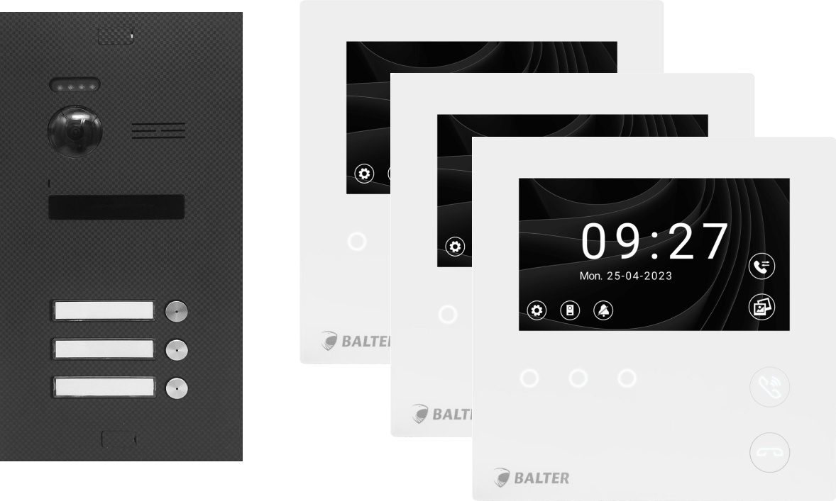BALTER EVO HD MINI Karbon-Graphit Video Türsprechanlage Set 3x 4.3" Monitor
