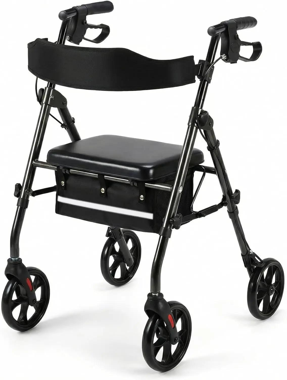 Faltbarer Rollator - Gehhilfe für Senioren - Ultraleichtes Aluminium - 20 cm Gelände-Räder - 8-fach höhenverstellbare Griffe - Schwarz
