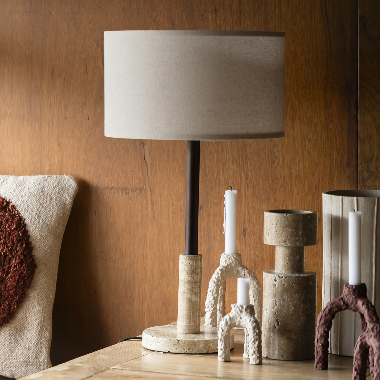 Dutchbone Tafellamp Jackson Travertin en hout, Bruin, Hoogte: 61 cm