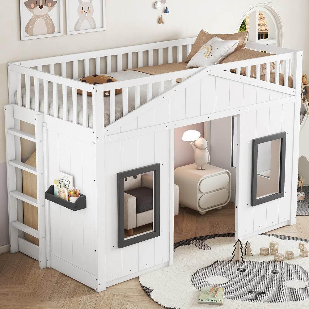 Etagenbett 90x200cm aus Kiefer, MDF und Sperrholz mit Treppe, Fallschutz, Fenster und frei nutzbarem Unterbereich für Kinderzimmer