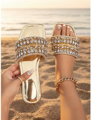 LightInthebox Women's White Wide-Strap Slides with Shimmering Crystal Embellishments – Luxury Resort Style, Elegant Flat Sandals for High-End Pool Clubs and Tropical Holidays
