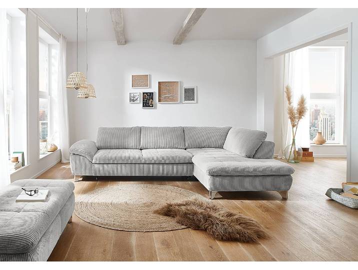 Ecksofa Corintia mit Ottomane Grau Cordstoff Coryn 306 x 84 x 197cm Ottomane davorstehend rechts Schlaffunktion Metall