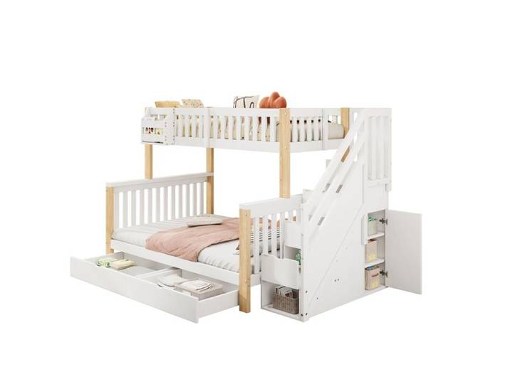 Lit Superposé Enfant Multifonction-Blanc-Naturel-Avec Panier-Tiroir-Armoire-Placard-Sans Matelas