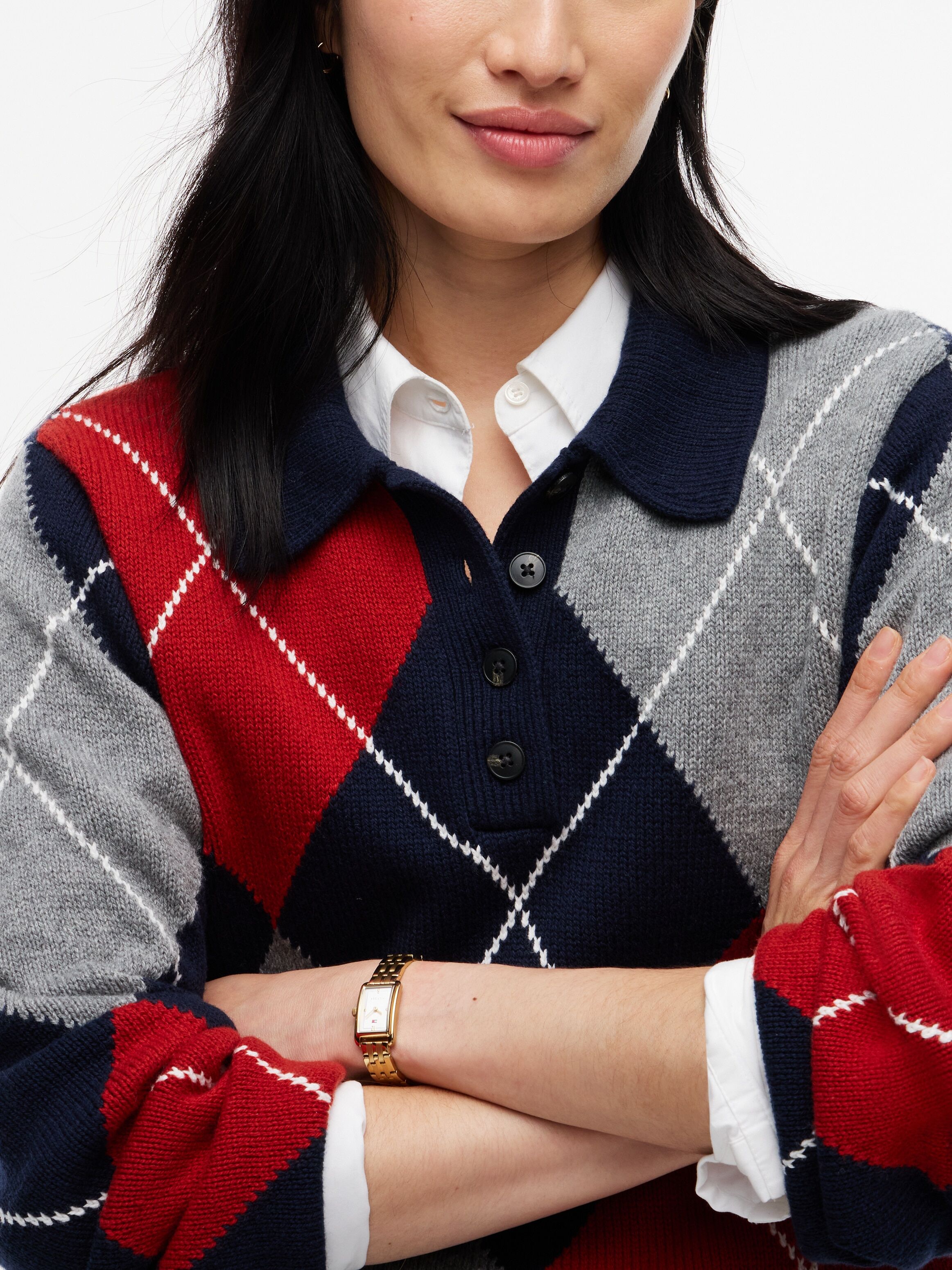 Polokragenpullover TOMMY HILFIGER "ARGYLE PREP NEW POLO LS", Damen, Gr. S (36/38), dunkelblau argyle, Strick, Obermaterial: 45% Nylon, 30% Baumwolle, 25% Wolle, gemustert, normal, Rundhals, Pullover Polokragenpullover, Materialmix mit Woll-Anteil, Argyle 