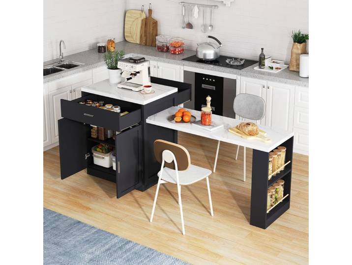 Desserte îlot de Cuisine ave Table à Manger Extensible et USB Table de Cuisine avec Rangement et 2 Tiroirs Meuble Cuisine Mobile