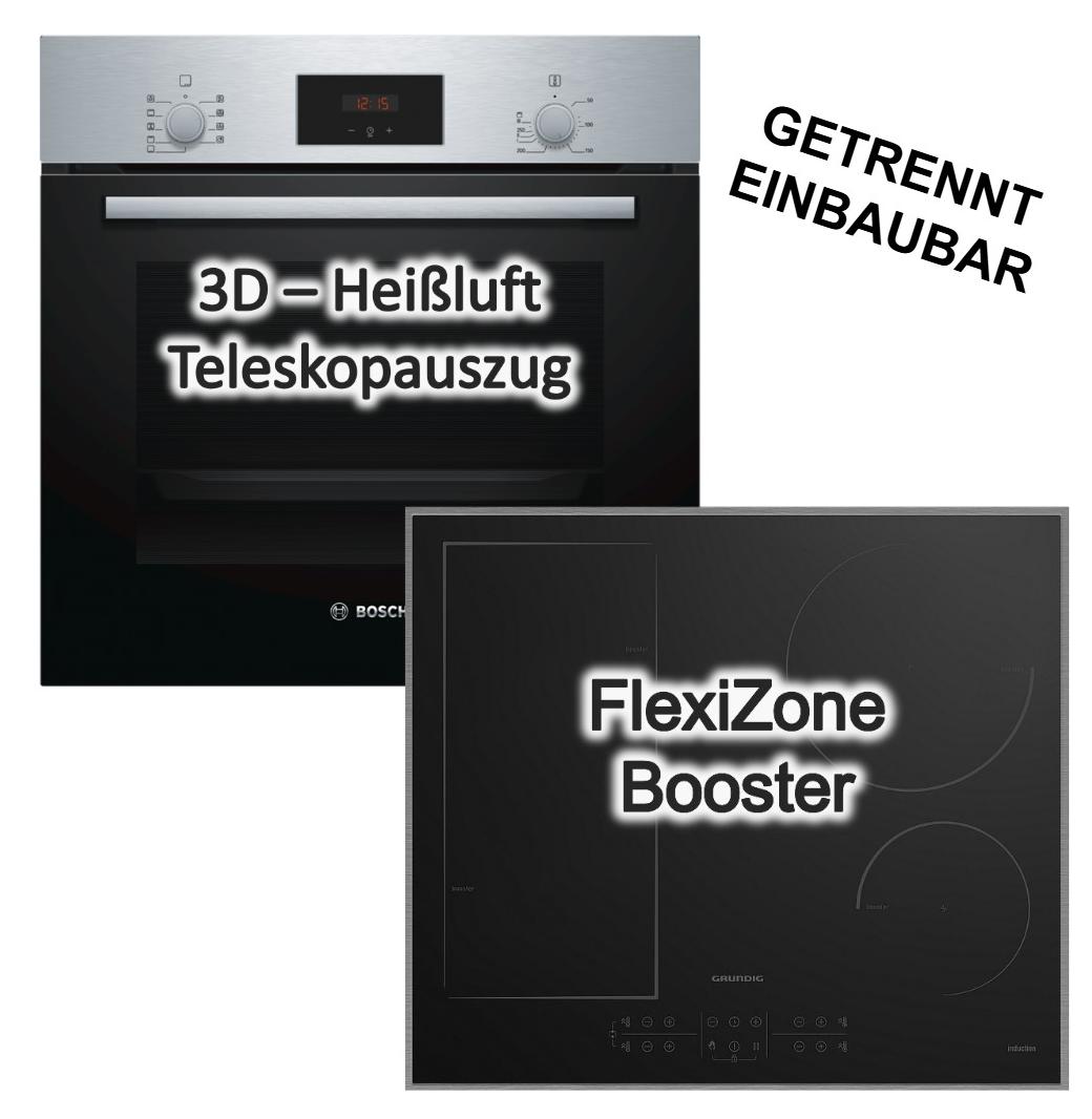 Herdset Bosch Serie 2 3D Heißluft Teleskopauszug 66 Liter + Grundig Induktionskochfeld Flexizone Booster Edelstahl