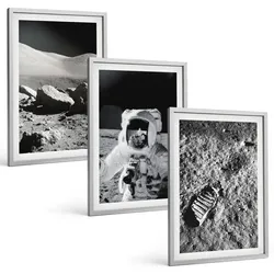 BILDER SET 3er Set - 40x60 cm Silberner Rahmen - NASA-Fotos vom Mond Astronaut