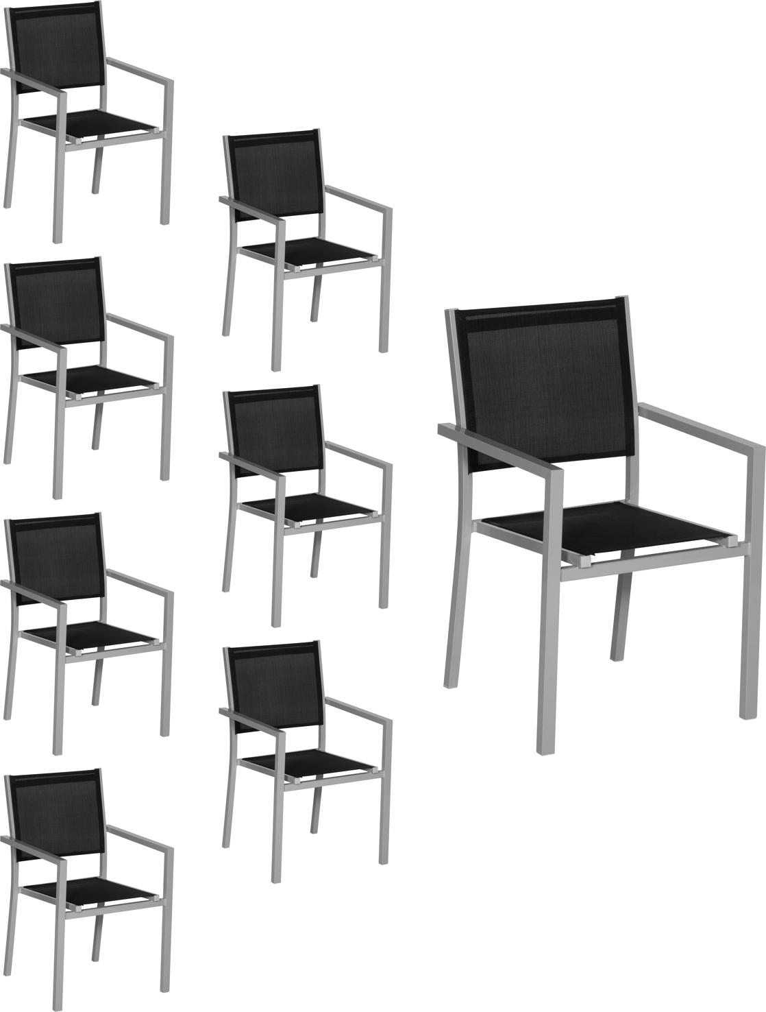 6er Set Stühle aus grauem Aluminium - schwarzes Textilene