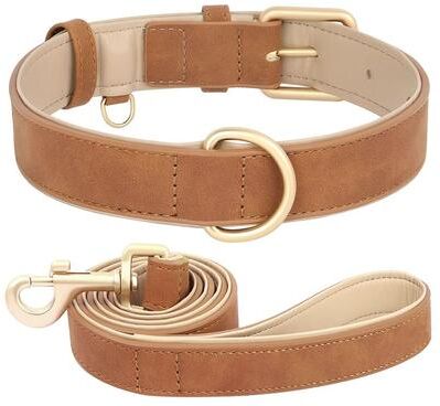 Uplift Essentials Sophisticated Padded PU Leather Dog Collar & Leash Set Adjustable Comfort Walk Kit brown