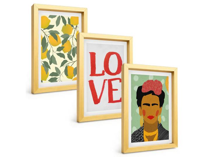 Tulup Bilder SET 3er Set - 20x30 cm Goldrahmen - Lemons Love Porträt von Frida, Goldfarben, Kunststoff, Rechteckig, 20x30 cm, Fotografie, Bilder & Rahmen, Bilder