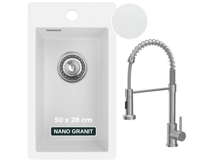 SINK QUALITY Küchenspüle weiß mit Armatur 28x50 cm - Spülbecken mit Wasserhahn, Siphon und Imprägniermittel - Granitspüle klein für Unterschränke ab 40 cm - Einbauspüle aus Granit