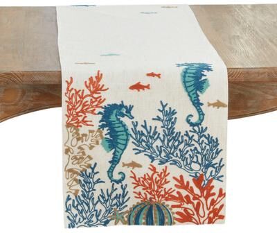Saro Lifestyle "Linen Blend Sea Horse And Coral Table Runner - 16""x70"""