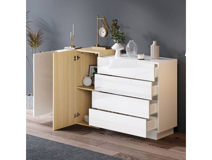 LPOSPI Buffet blanc brillant cuisine bar 4 tiroirs 2 portes 149×37 5×87 cm