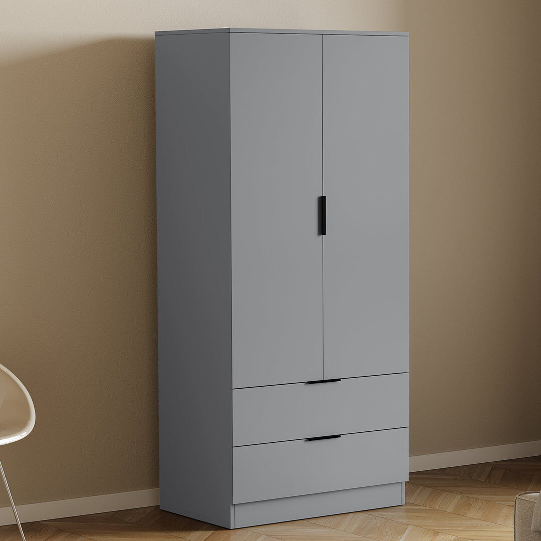 17 Stories 2 Door 2 Drawer Wardrobe Modern Bedroom Storage Solution for Clothes and Accessories Grey 170cm H X 76cm W X 53cm D