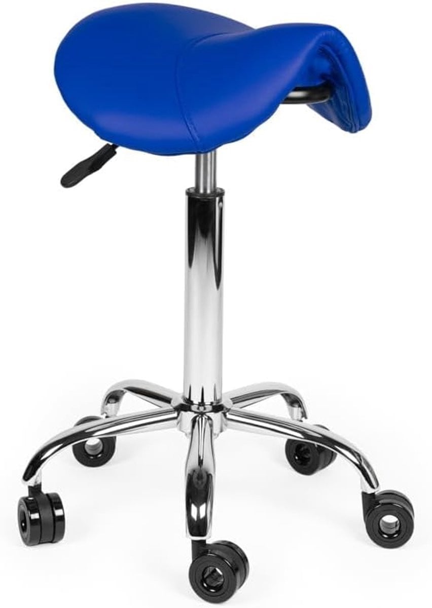 Blauwe professionele kappersstoel met verstelbare zithoogte en haarvrije wielen