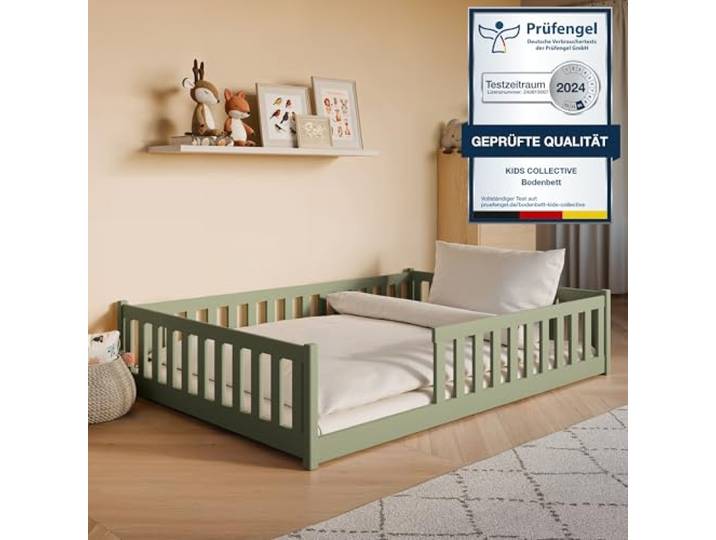 Kids Collective Montessori-Bodenbett 140x200 cm, Olivgrün, Rausfallschutz Lattenrost inklusive, Matratze optional, für Kinder und Jugendliche