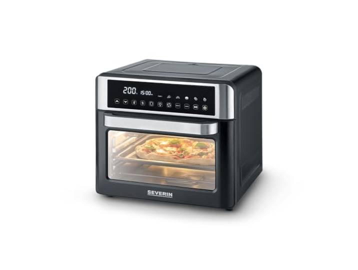 Severin 2-in-1 Backofen und Heißluft, Toasten, Aufbacken, Mini-Ofen inkl. Frittierkorb, Grillrost, Backblech, Krümelblech, 4 Einschubhöhen, 12 Programme, 25L, 40-220°C, 2200W, schwarz/silber, TO 2077