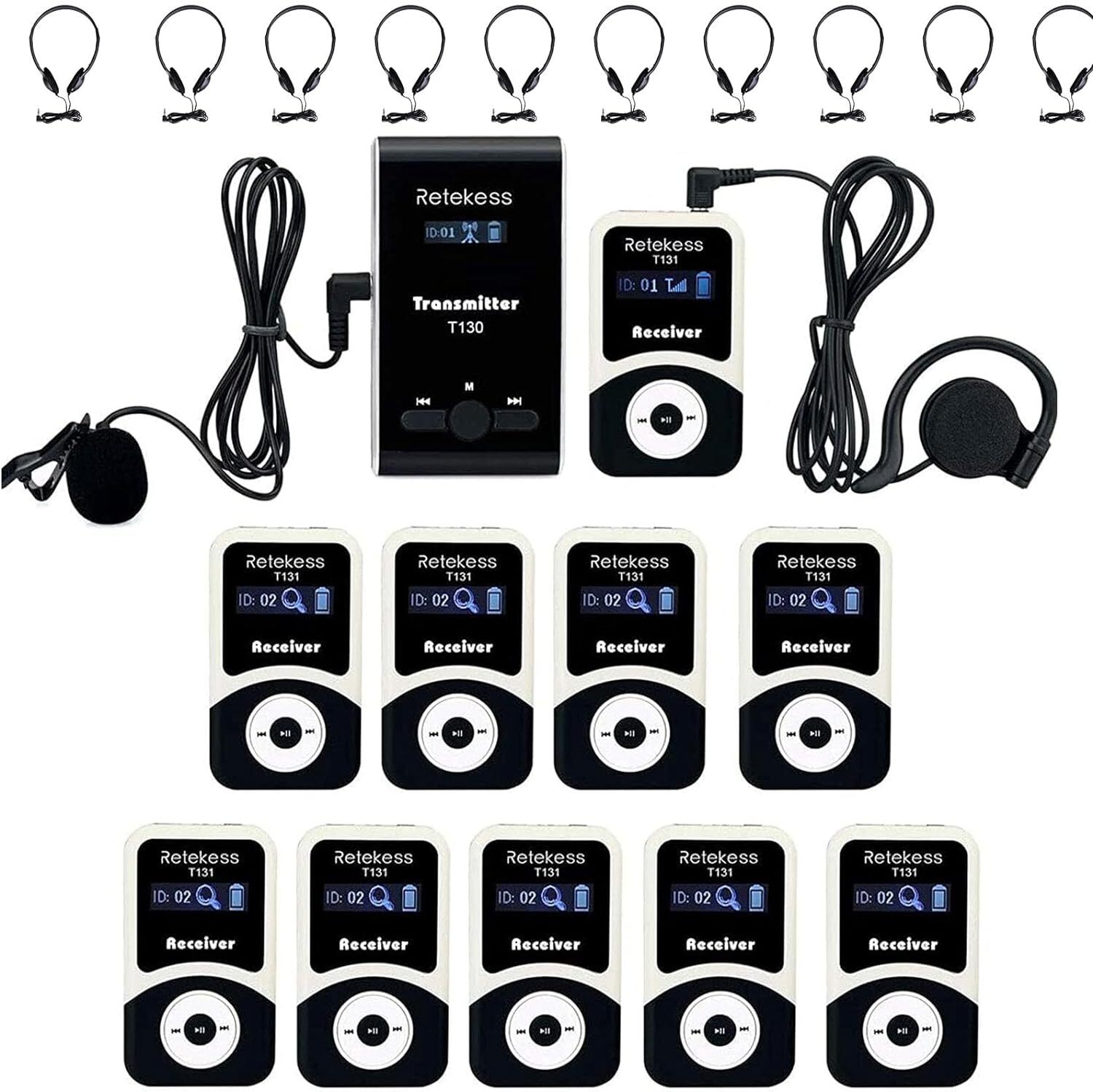 Retekess T130 Wireless Tour Guide System, 60M Audio Whisper Guide System, Kirchenübersetzungssystem, mit TT003 PLL Bilateralen Kopfhörern