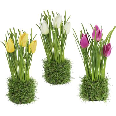 Kunstblume I.GE.A. "Künstliche Tulpe im Gras", bunt (variiert), B:8cm H:21cm L:7cm, Polyester, Kunstpflanzen, Osternest 3erSet Grasbusch Osterdeko Ostern Osternest Grasbusch