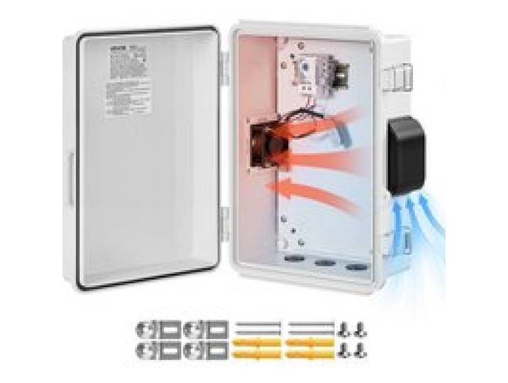 VEVOR Coffret Électrique Étanche Extérieur IP65, Boitier Électrique Mural en ABS, 27,5x15x36 cm, avec Thermostat, Ventilateur, Plaque de Montage, Passe-fils, Boîtier en Plastique, Écran Anti-poussière