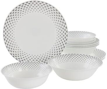 Gibson 12 Piece Opal Glass Dinnerware Set in White With Grey Accents