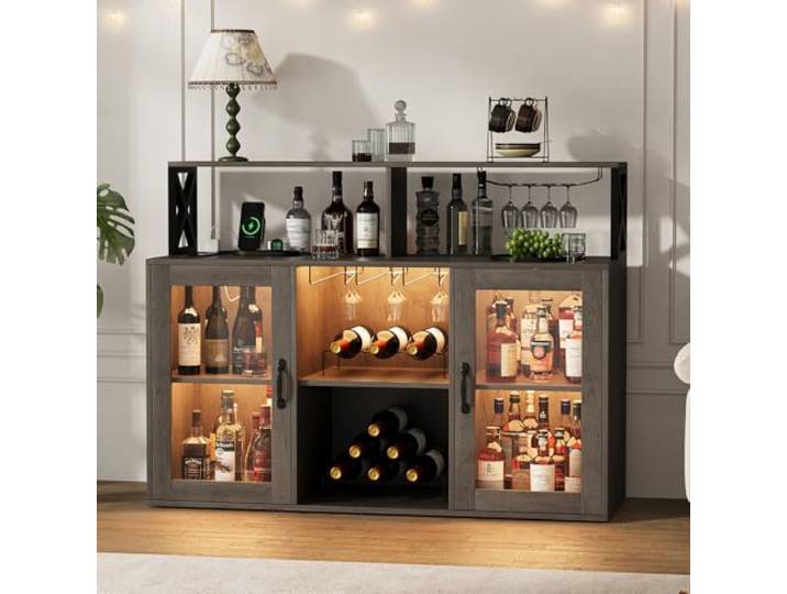 Garvee Barschrank Mit LED-Beleuchtung, 120x40x91cm Barschrank Mit Weinregal Und Gläserhalter, Weinflaschenregal, Flaschenregal Für Küche, Wohnzimmer, Büro Und Esszimmer