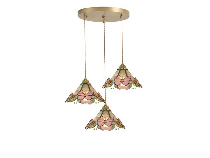 Vintage en laiton fabriqué à la main vitrail lustre restaurant japonais confortable suspension lampe chevet français lumière rose papillon lumière