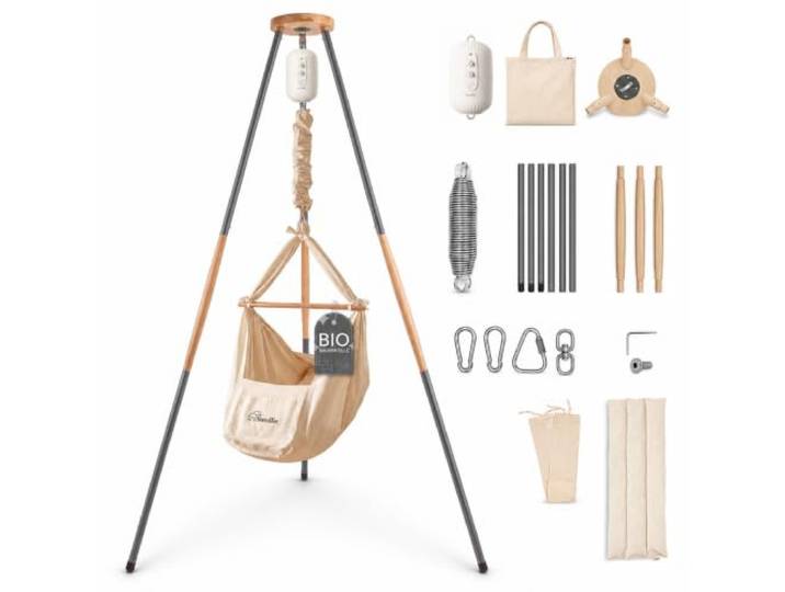 Swollie Baby Federwiege mit Motor beige und Tipi anthrazit - für Babys ab Geburt bis 15 Kg - Stabil und rutschfest - Bio-Baumwolle und Matratze mit Schafwolle