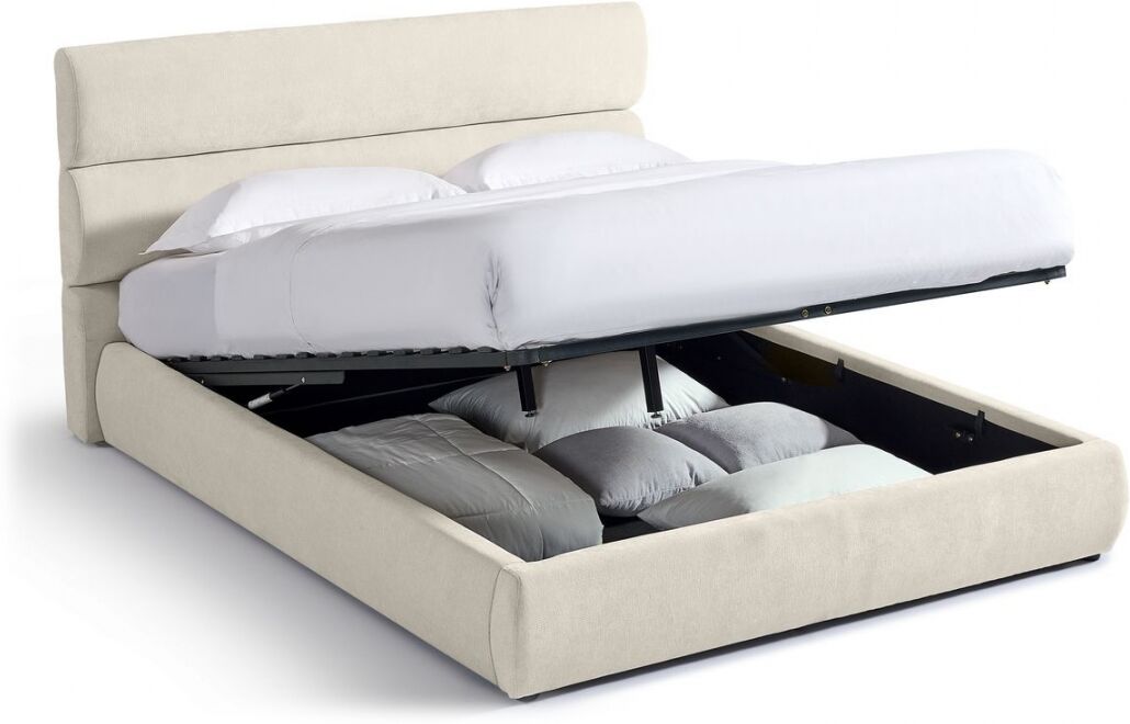 Lit coffre adulte 140x190 cm avec tête de lit capitonnée en tissu chenille beige - Simon