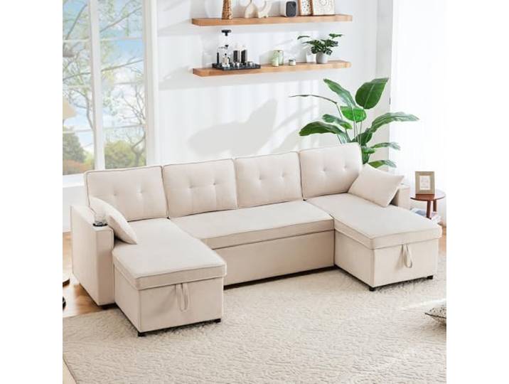 Laxnb Sofa mit Schlaffunktion, Sofa Couch 4 Sitzer, Schlafsofa Ecksofa U-Form Loungesessel mit Stauraum, Schlafcouch mit Getränkehalter, Sofa Bed Polstermöbel, Baumwoll- und Leinenstoffe Beige