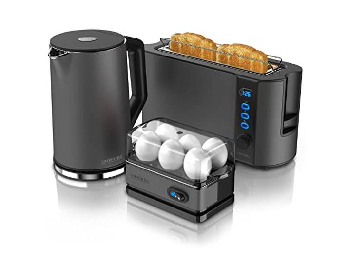 Arendo - Wasserkocher mit Toaster SET, Wasserkocher 2200W 1,5 L, wählbaren Temperaturstufen, 1000W Langschlitz Toaster für 2 Scheiben Toast und Brötchenaufsatz, Eierkocher für 1-6 Eier, BPA frei
