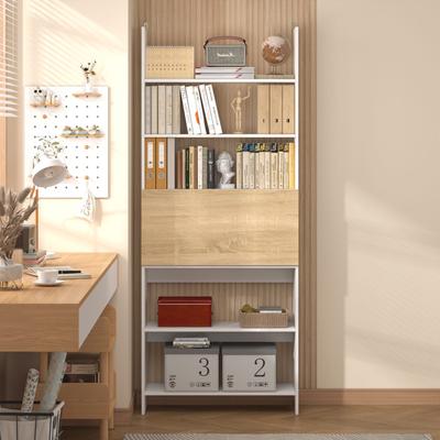 FUFU&GAGA Multifunctional White Bookshelf with Drop - down Desk: Modern Design, Ample Storage & Adjustable Lighting