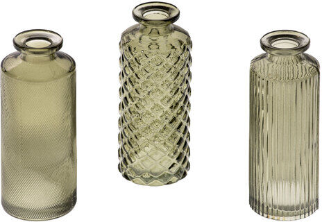 Glasvasen, gemustert, olivgrün, 3 Stück